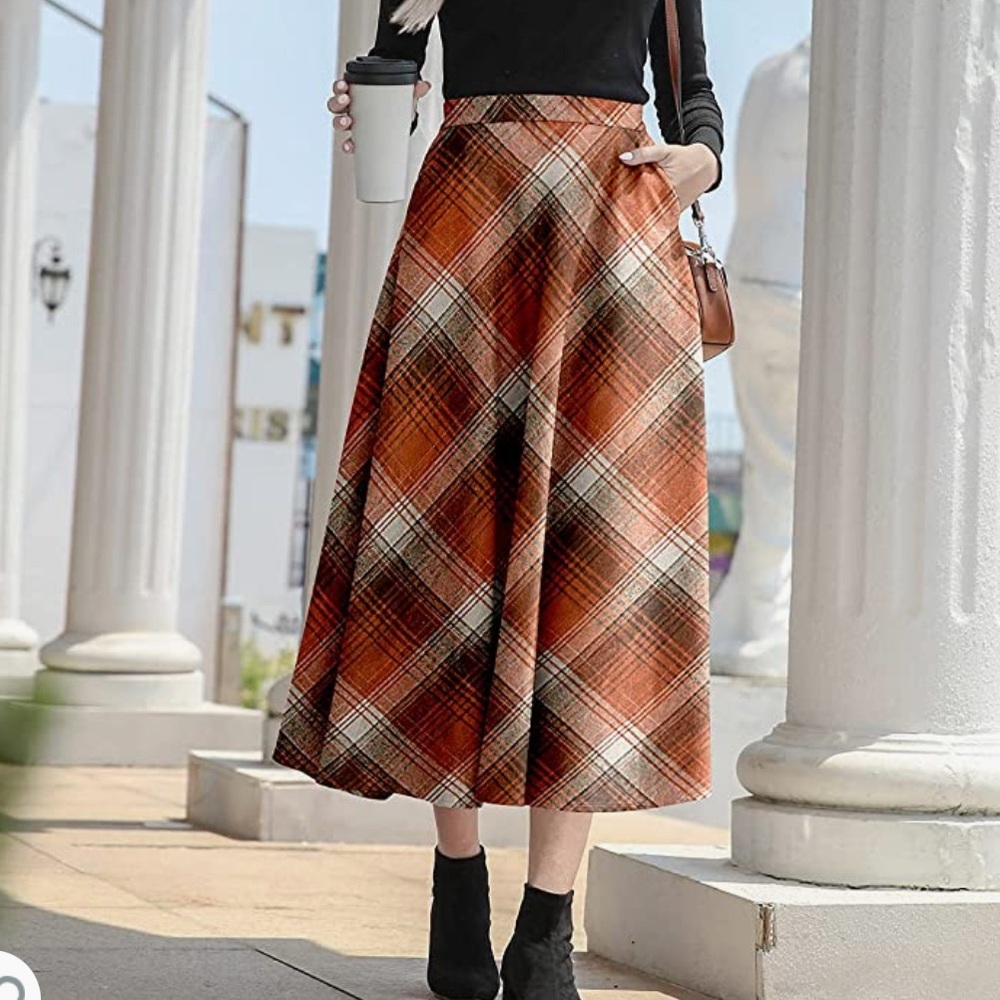 NASHALYLY Women's Elastic High Waisted Zipper Tartan Plaid Maxi Skirt w/ Pockets